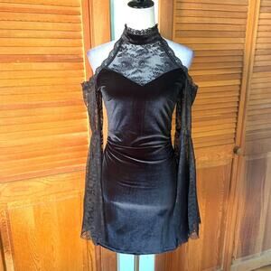 Gothic Victorian Vampire Dark Fairycore Velvet & Lace Bell Sleeve Mini Dress